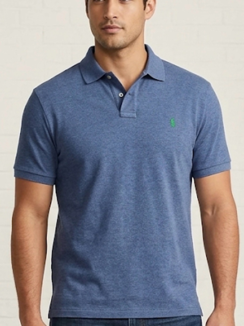 Polo Ralph Lauren Mens 2XL Blue Heathered Cotton Polo Shirt with Green Pony XXL